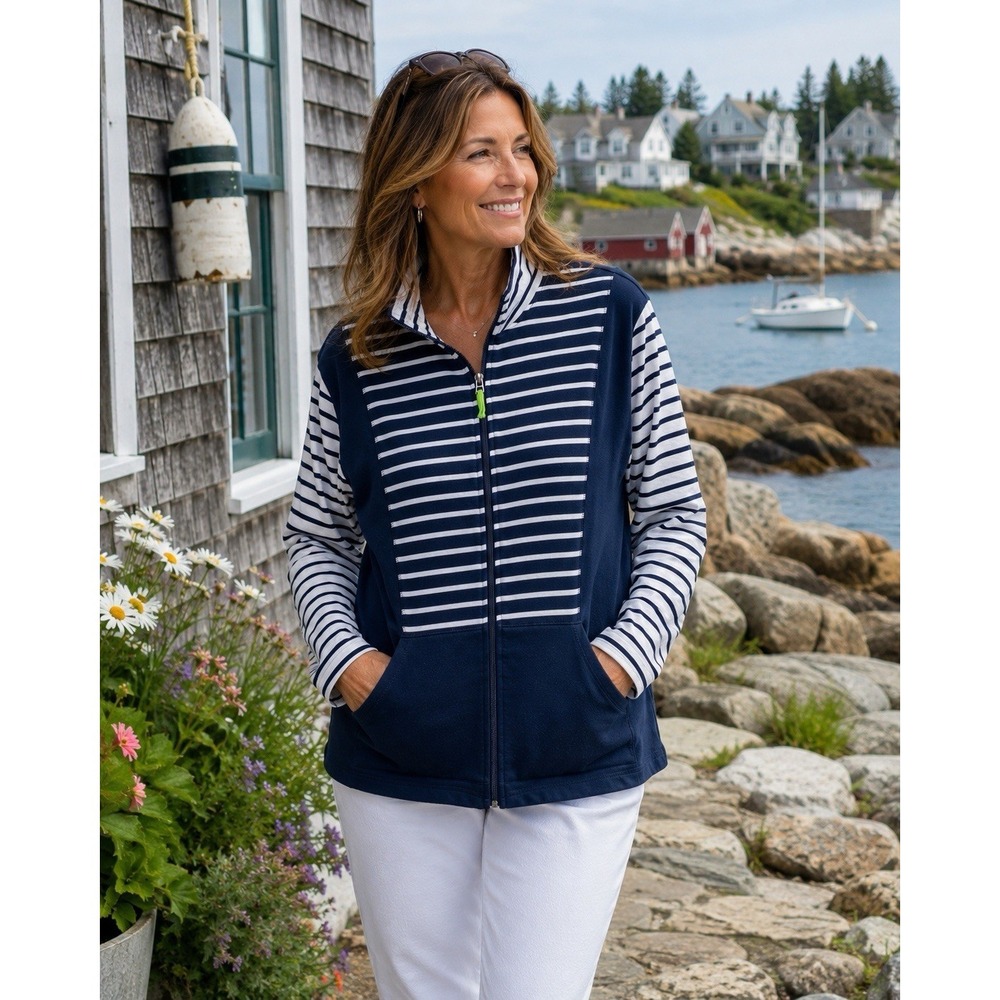 SUSANβ GRAVER Weekend (L) Striped Zip Jacket Nautical Casual Navy Travel Coastal